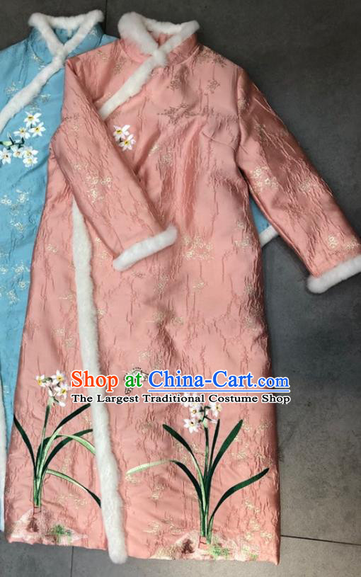 Chinese Traditional Winter Cheongsam National Women Clothing Classical Embroidered Orchids Pink Qipao Dress