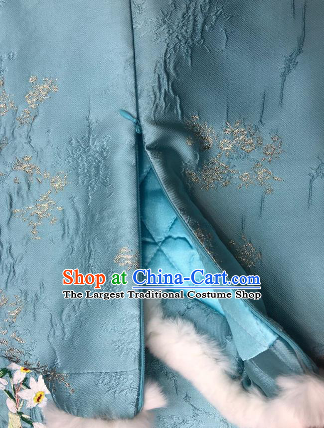 Chinese National Women Clothing Classical Embroidered Orchids Blue Qipao Dress Traditional Winter Cheongsam