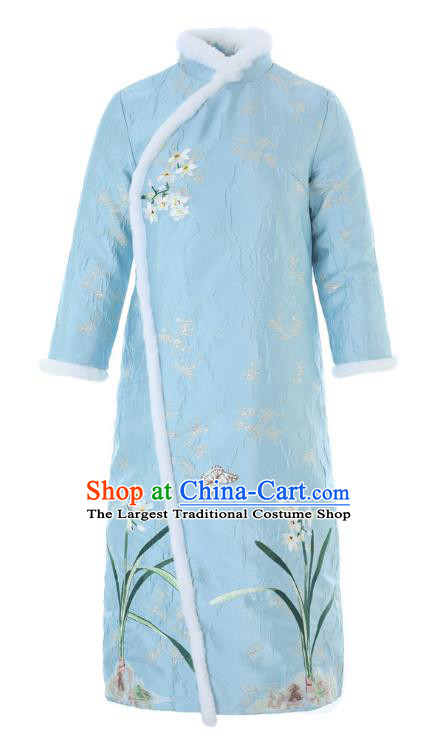 Chinese National Women Clothing Classical Embroidered Orchids Blue Qipao Dress Traditional Winter Cheongsam