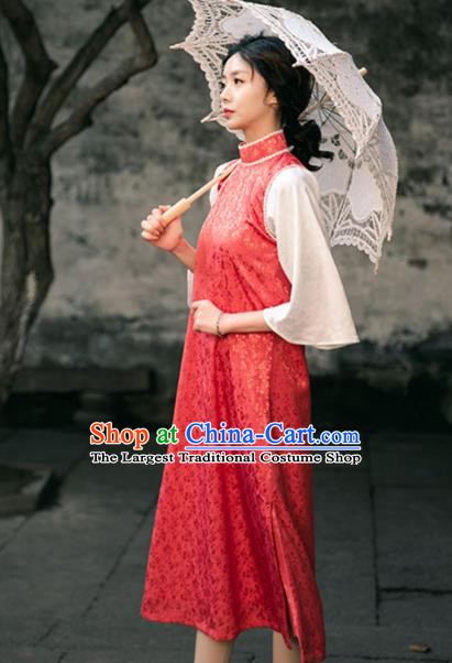 Chinese Shanghai Stand Collar Qipao Dress National Red Cheongsam Traditional Young Woman Clothing