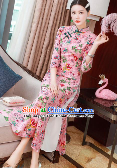 Chinese Classical Qipao Dress National Women Clothing Traditional Printing Flowers Pink Chiffon Cheongsam