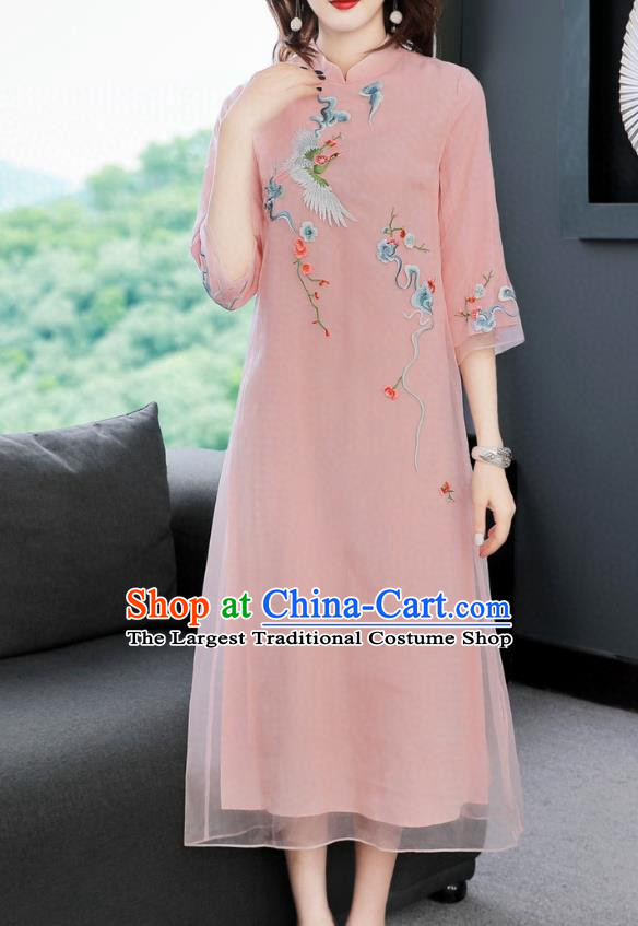 Chinese Traditional Embroidered Crane Pink Chiffon Cheongsam Women National Classical Qipao Dress