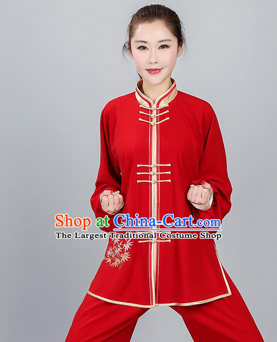 China Traditional Embroidered Bamboo Red Uniforms Women Kung Fu Costumes Martial Arts Competition Clothing