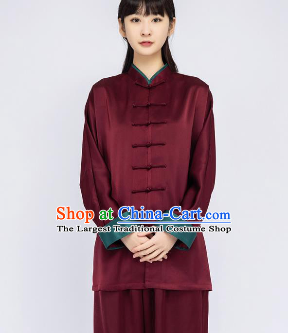 China Woman Martial Arts Dark Red Silk Uniforms Traditional Tai Chi Training Clothing