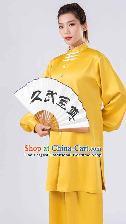 China Traditional Martial Arts Performance Costumes Woman Kong Fu Wushu Training Yellow Silk Uniforms