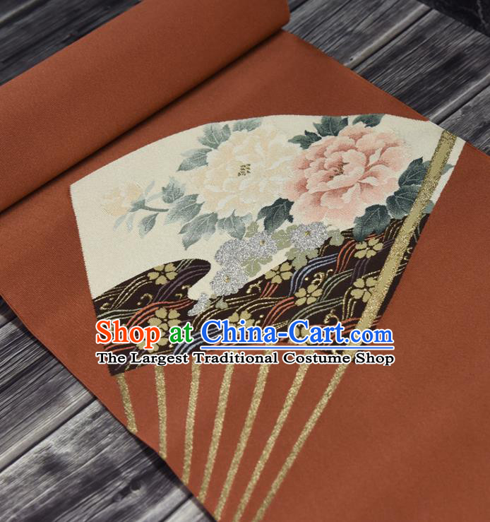 Traditional Japanese Belt Peony Fan Pattern Silk Fabric Asian Japan Kimono Classical Rust Red Brocade Material