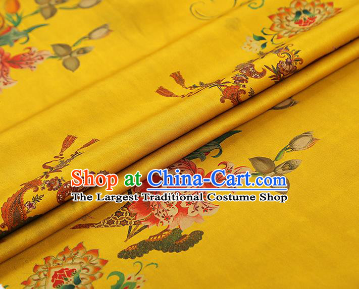 China Traditional Yellow Brocade Classical Flowers Pattern Wedding Dress Silk Fabric Gambiered Guangdong Gauze