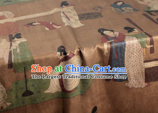 China Traditional Cheongsam Brown Gambiered Guangdong Gauze Classical Tang Dynasty Palace Lady Pattern Silk Fabric