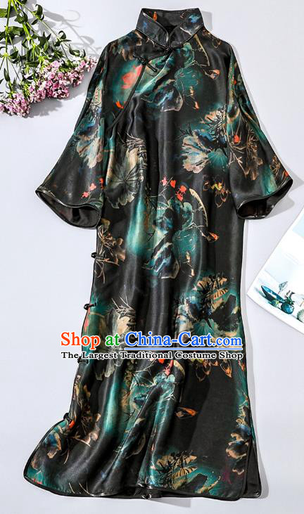 Asian Chinese National Woman Clothing Traditional Printing Lotus Qipao Dress Classical Black Silk Cheongsam