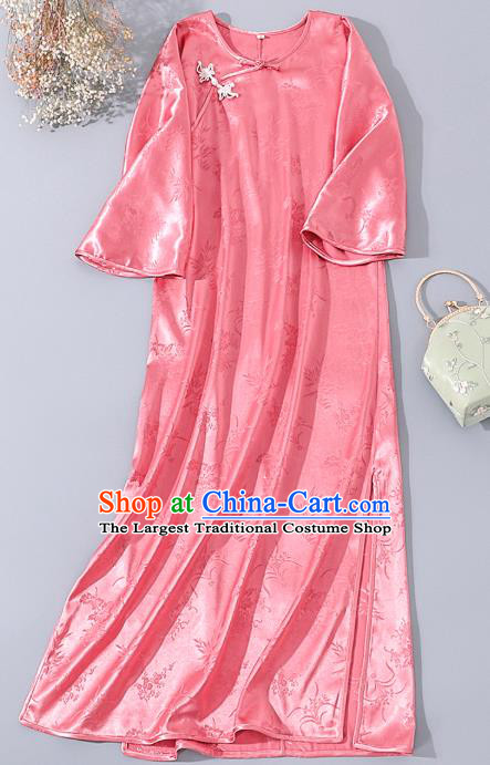 Asian Chinese Classical Pink Silk Cheongsam Traditional Slant Opening Qipao Dress National Woman Clothing