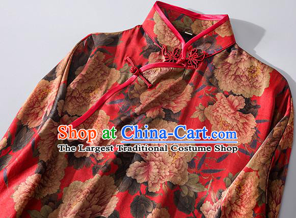 Asian Chinese Traditional Printing Peony Qipao Dress National Shanghai Beauty Clothing Classical Red Silk Cheongsam