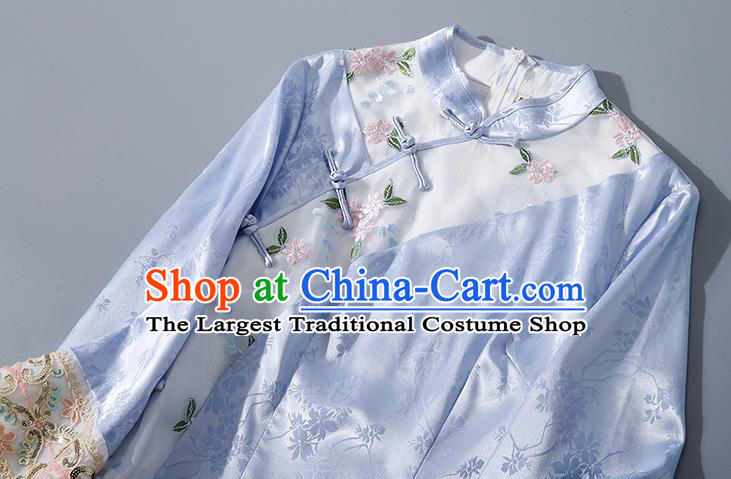 Asian Chinese Classical Light Blue Silk Cheongsam Traditional Embroidered Qipao Dress National Clothing