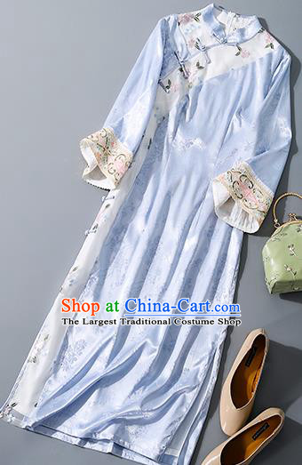 Asian Chinese Classical Light Blue Silk Cheongsam Traditional Embroidered Qipao Dress National Clothing