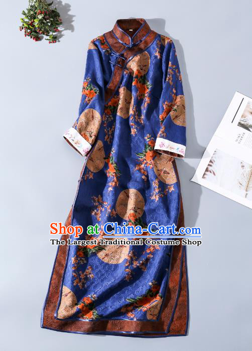 Asian Chinese Classical Gambiered Guangdong Gauze Cheongsam Traditional Young Beauty Royalblue Silk Qipao Dress