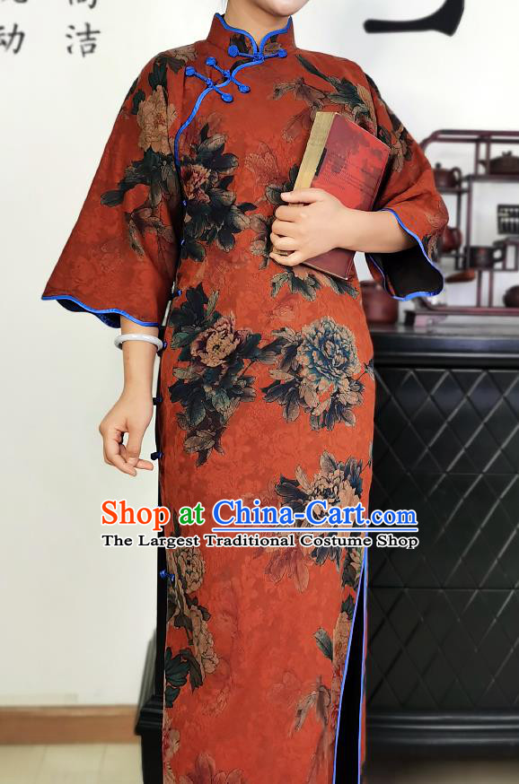 Asian Chinese Traditional Printing Peony Red Silk Qipao Dress Classical Young Mistress Cheongsam Costume