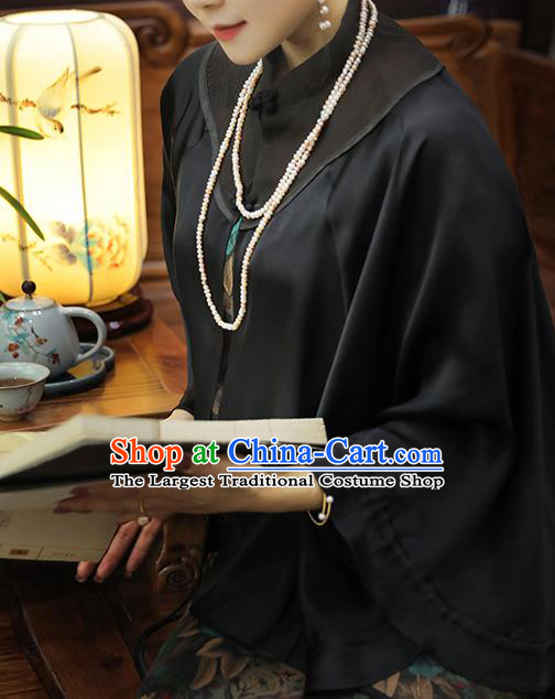 China Traditional Women Tang Suit Outer Garment Classical Black Gambiered Guangdong Gauze Cloak