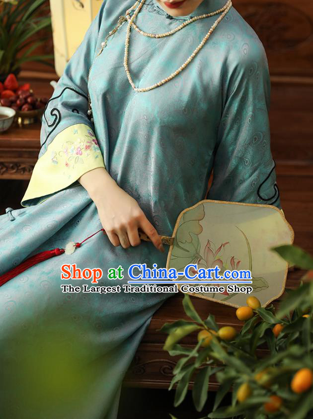 Asian Chinese Traditional Embroidered Silk Qipao Dress Classical Light Blue Song Brocade Cheongsam Clothing