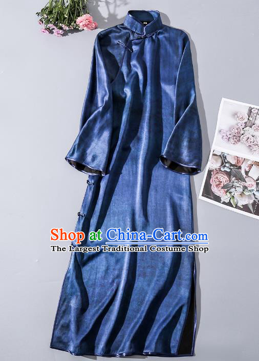 Asian Chinese Classical Wide Sleeve Cheongsam Traditional Blue Silk Long Qipao Dress Clothing