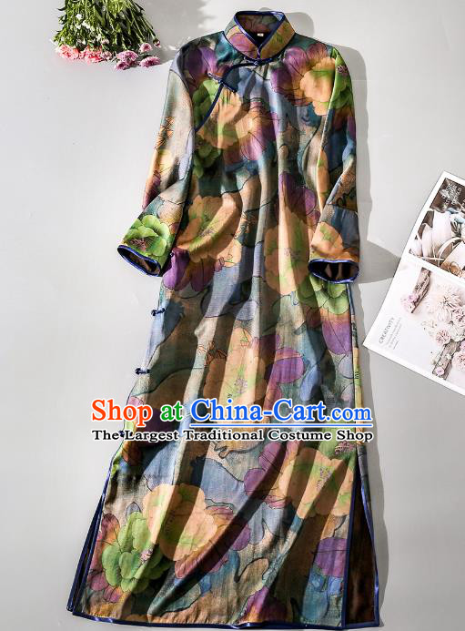 Asian Chinese Classical Camellia Pattern Cheongsam Traditional Silk Long Qipao Dress Female Clothing
