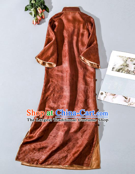 Asian Chinese Traditional Jacquard Rust Red Silk Long Qipao Dress Woman Clothing Classical Brocade Cheongsam
