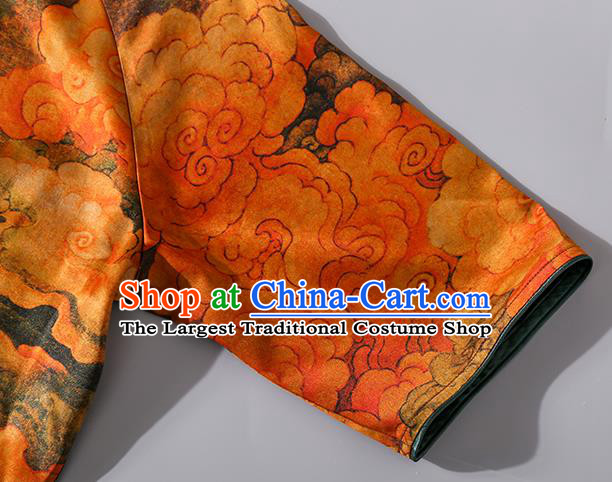 Asian Chinese Traditional Orange Silk Long Qipao Dress Woman Clothing Classical Clouds Pattern Cheongsam