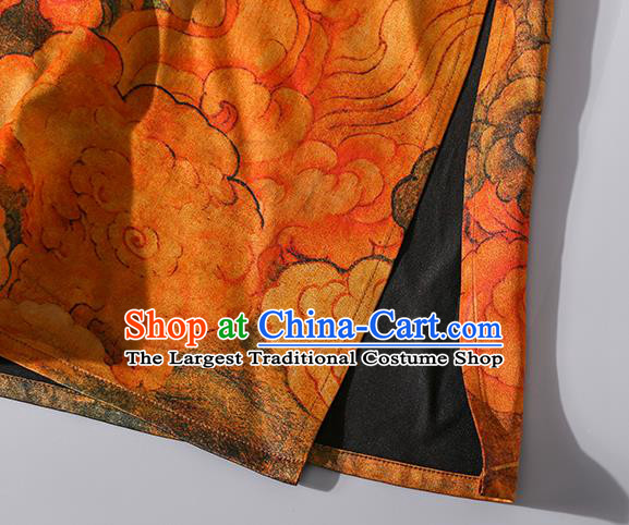 Asian Chinese Traditional Orange Silk Long Qipao Dress Woman Clothing Classical Clouds Pattern Cheongsam