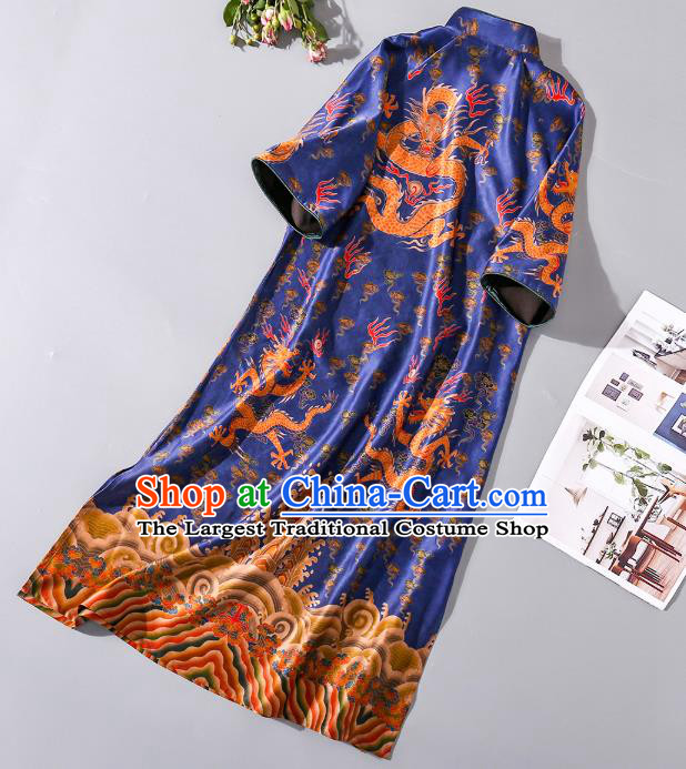 Asian Chinese Traditional Woman Royalblue Silk Long Qipao Dress Classical Dragons Pattern Brocade Cheongsam Clothing