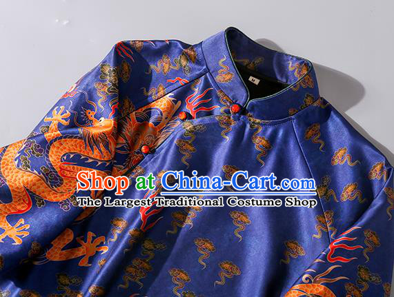 Asian Chinese Traditional Woman Royalblue Silk Long Qipao Dress Classical Dragons Pattern Brocade Cheongsam Clothing