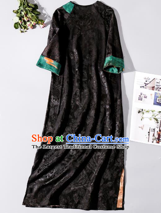Asian Chinese Classical Jacquard Brocade Cheongsam Clothing Traditional Woman Black Silk Long Qipao Dress