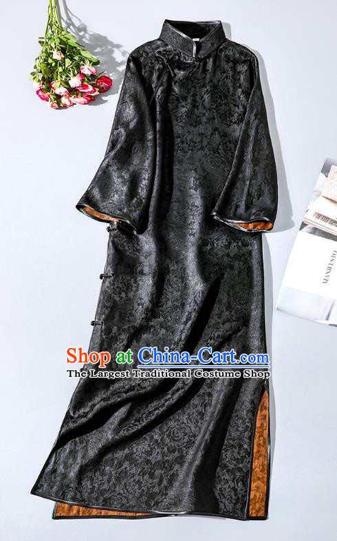 Asian Chinese Traditional Jacquard Black Silk Qipao Dress Classical Stand Collar Cheongsam Clothing