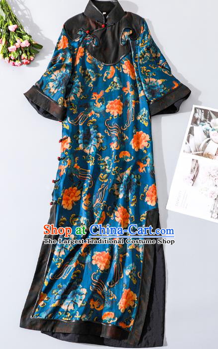 Asian Chinese Qing Dynasty Court Lady Clothing Traditional Phoenix Peony Pattern Qipao Dress Classical Blue Silk Cheongsam