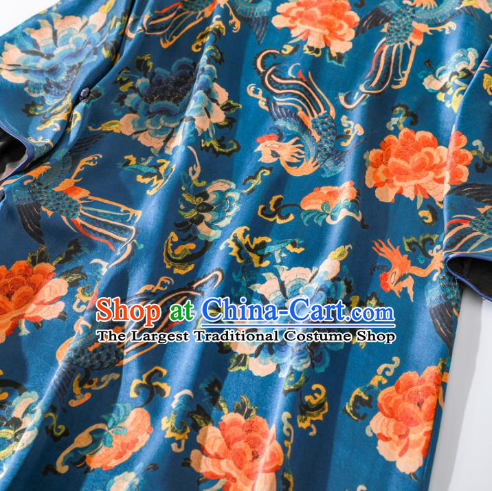 Asian Chinese Traditional Phoenix Peony Pattern Blue Silk Qipao Dress Clothing Classical Stand Collar Cheongsam