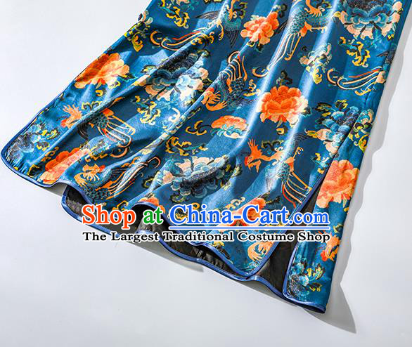 Asian Chinese Traditional Phoenix Peony Pattern Blue Silk Qipao Dress Clothing Classical Stand Collar Cheongsam