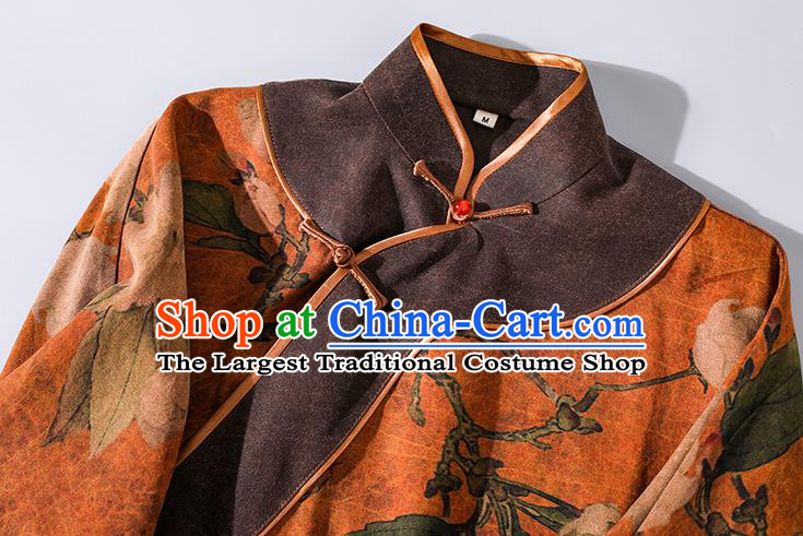 Asian Chinese Traditional Shanghai Orange Silk Qipao Dress Clothing Classical Mangnolia Pattern Design Cheongsam