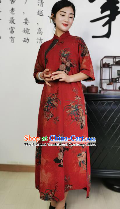 Asian Chinese Classical Stand Collar Cheongsam Costume Traditional Printing Orchids Red Silk Qipao Dress