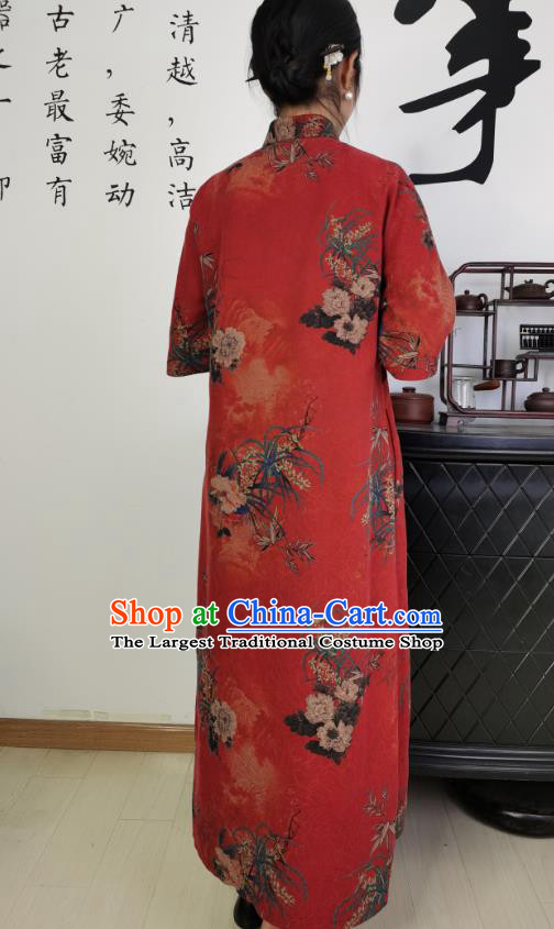 Asian Chinese Classical Stand Collar Cheongsam Costume Traditional Printing Orchids Red Silk Qipao Dress