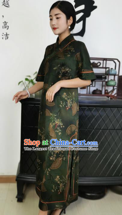 Asian Chinese Traditional Dark Green Silk Qipao Dress Classical Slant Opening Cheongsam Costume