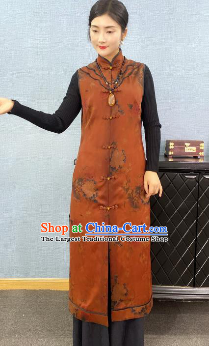 Chinese Traditional National Costume Women Brown Silk Long Vest Tang Suit Waistcoat