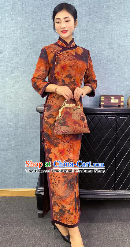 Asian Chinese Traditional Shanghai Beauty Qipao Dress Classical Mangnolia Pattern Ginger Cheongsam Costume