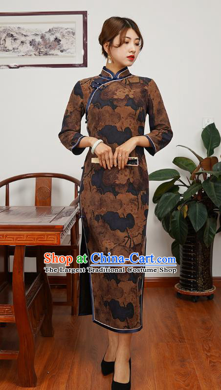 Asian Chinese Traditional Shanghai Debutante Qipao Dress Young Beauty Classical Brown Silk Cheongsam Costume