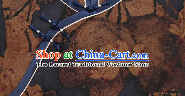 Asian Chinese Young Beauty Classical Lotus Pattern Brown Silk Cheongsam Costume Traditional Shanghai Lady Qipao Dress