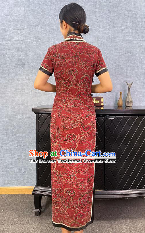 Asian Chinese Classical Cloud Pattern Red Cheongsam Costume Traditional Shanghai Young Lady Silk Qipao Dress
