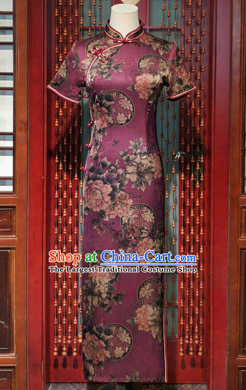 Asian Chinese Traditional Bride Mother Qipao Dress National Woman Clothing Classical Peony Pattern Purple Brocade Cheongsam