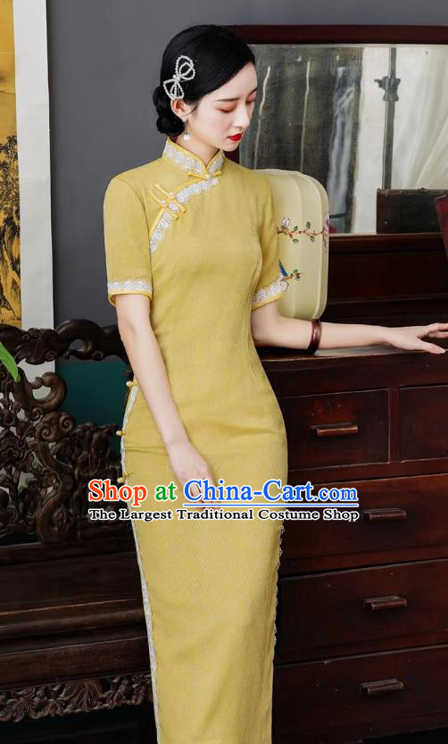 Asian Chinese Traditional Lace Qipao Dress National Young Lady Clothing Classical Yellow Cheongsam