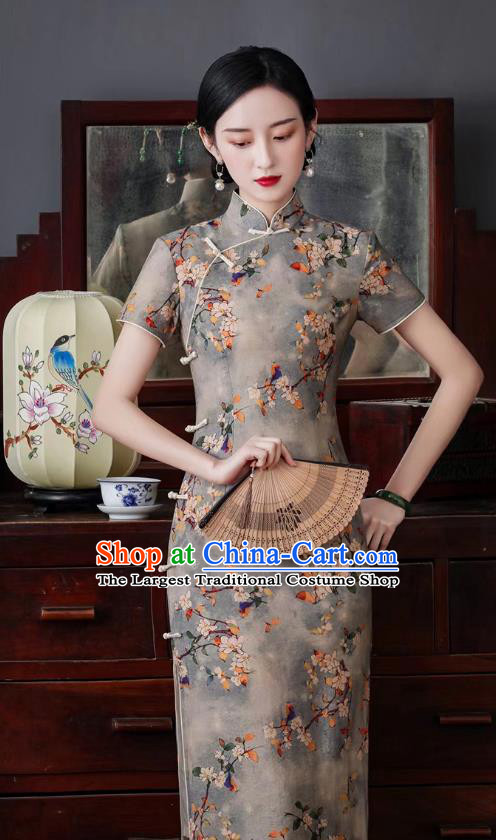 Asian Chinese Traditional Printing Mangnolia Qipao Dress National Young Lady Clothing Classical Grey Cheongsam