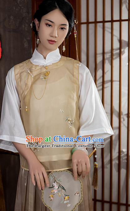 China Traditional Tang Suit Upper Outer Garment National Woman Embroidered Apricot Silk Blouse