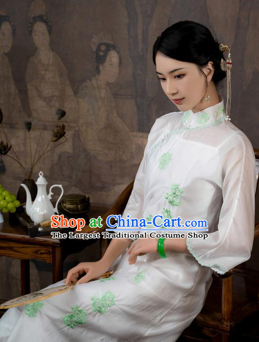 China National Stand Collar Qipao Dress Clothing Traditional Embroidered White Tencel Cheongsam