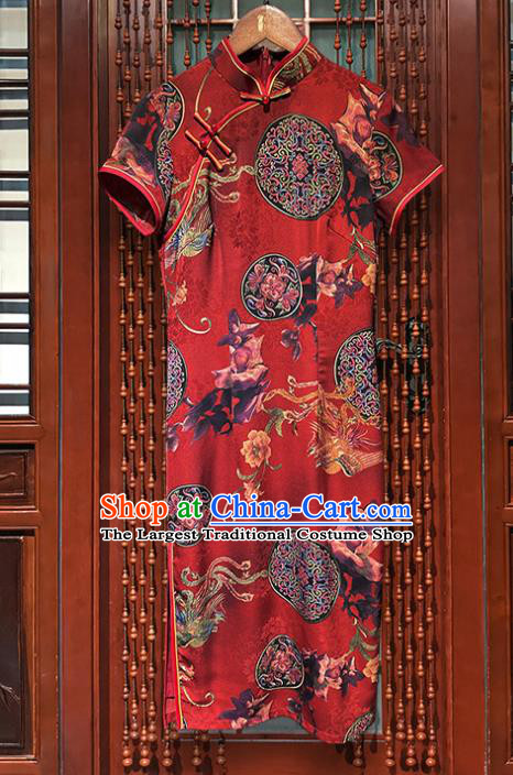 Chinese Printing Phoenix Peony Cheongsam Costume Classical Dance Red Short Qipao Dress