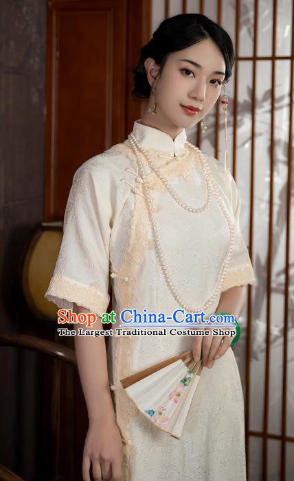 China National Stand Collar Qipao Dress Clothing Traditional Young Lady Beige Long Cheongsam