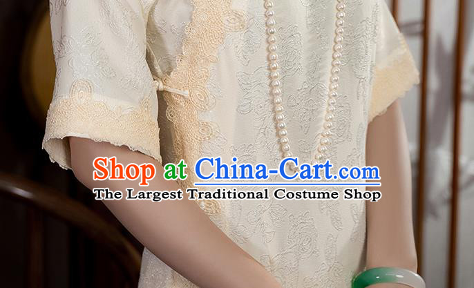 China National Stand Collar Qipao Dress Clothing Traditional Young Lady Beige Long Cheongsam